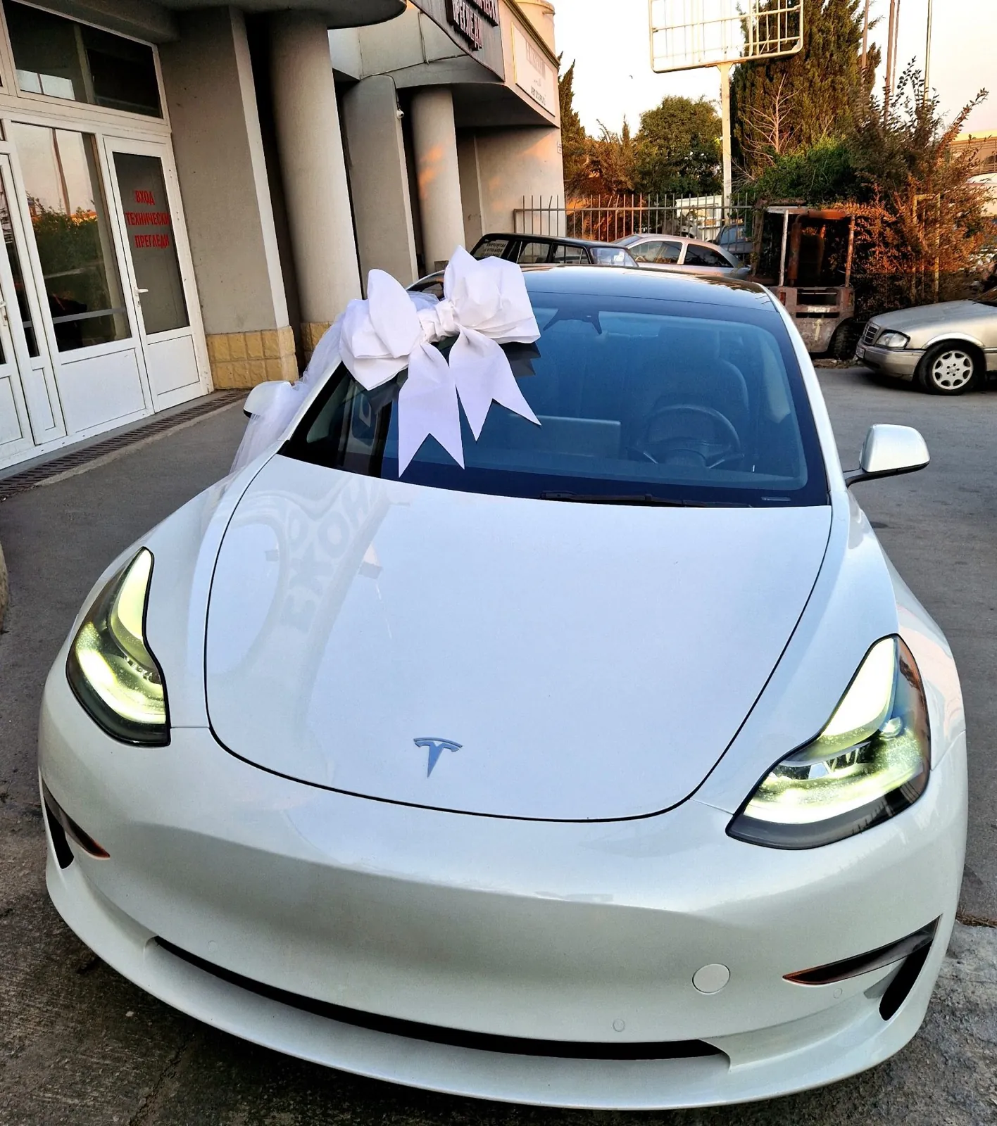 Бяла Tesla с бяла панделка